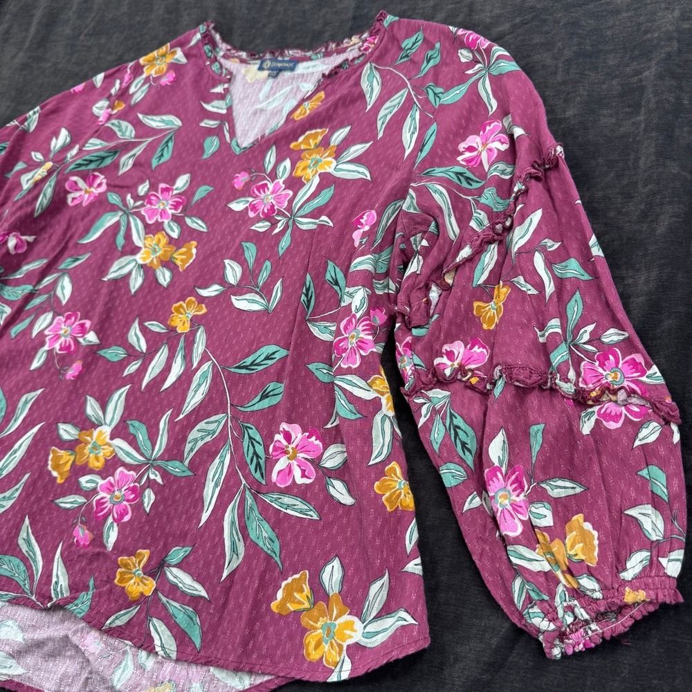 Democracy Womens 1X Beet Red Floral Boho Flowy Peasant Puff Ruffle Sleeve V-Neck - Picture 3 of 11